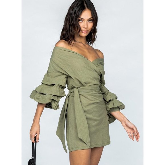 Elegant Olive Off-Shoulder Dress - Picture 4 of 8